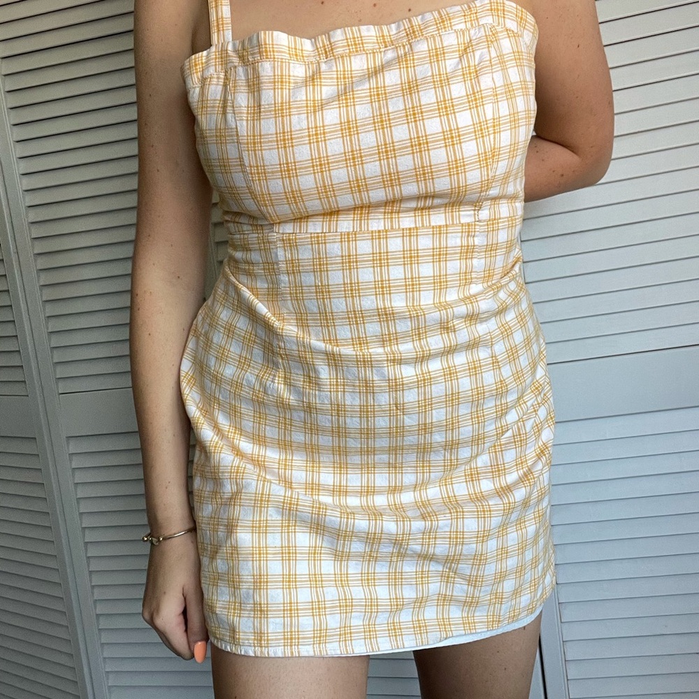 Colorful Yellow Summer Mini Gingham Dress